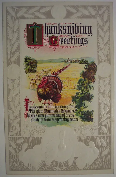 Thanksgiving Greetings postcard with turkey and wheat field