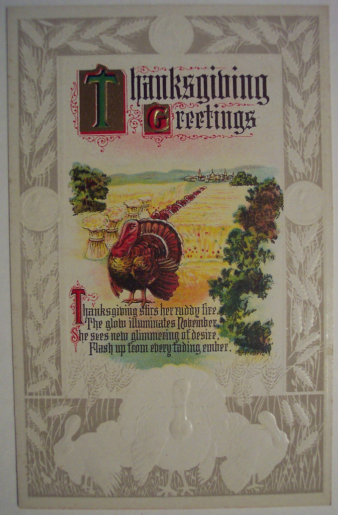 Thanksgiving Greetings postcard with turkey and wheat field — vintage postcard