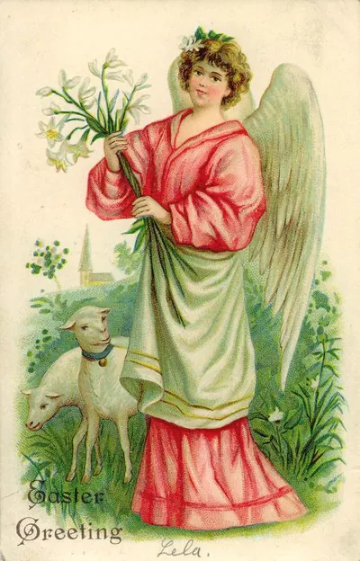 Easter Greeting postcard: angel with lilies and lamb