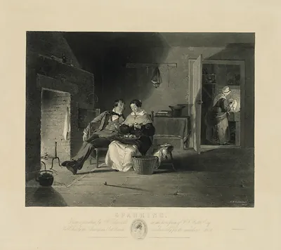 Sparking: courting couple by a fireside, engraved print