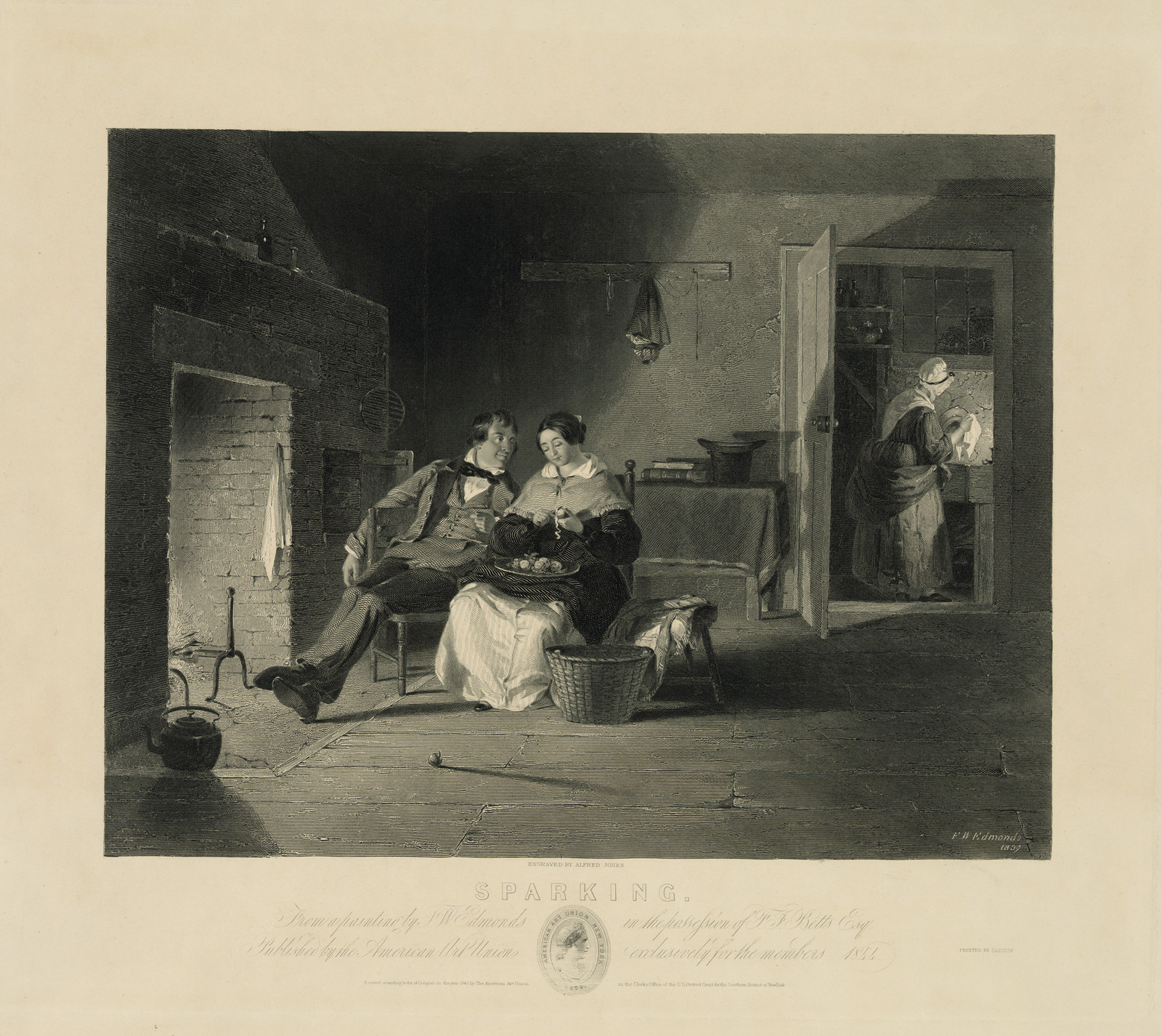 Sparking: courting couple by a fireside, engraved print — historic print