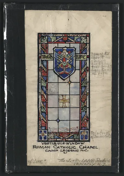 Design drawing for stained glass vestibule window, Roman Catholic Chapel