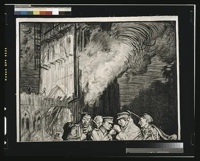 Soldiers and sailors smoking before a burning building