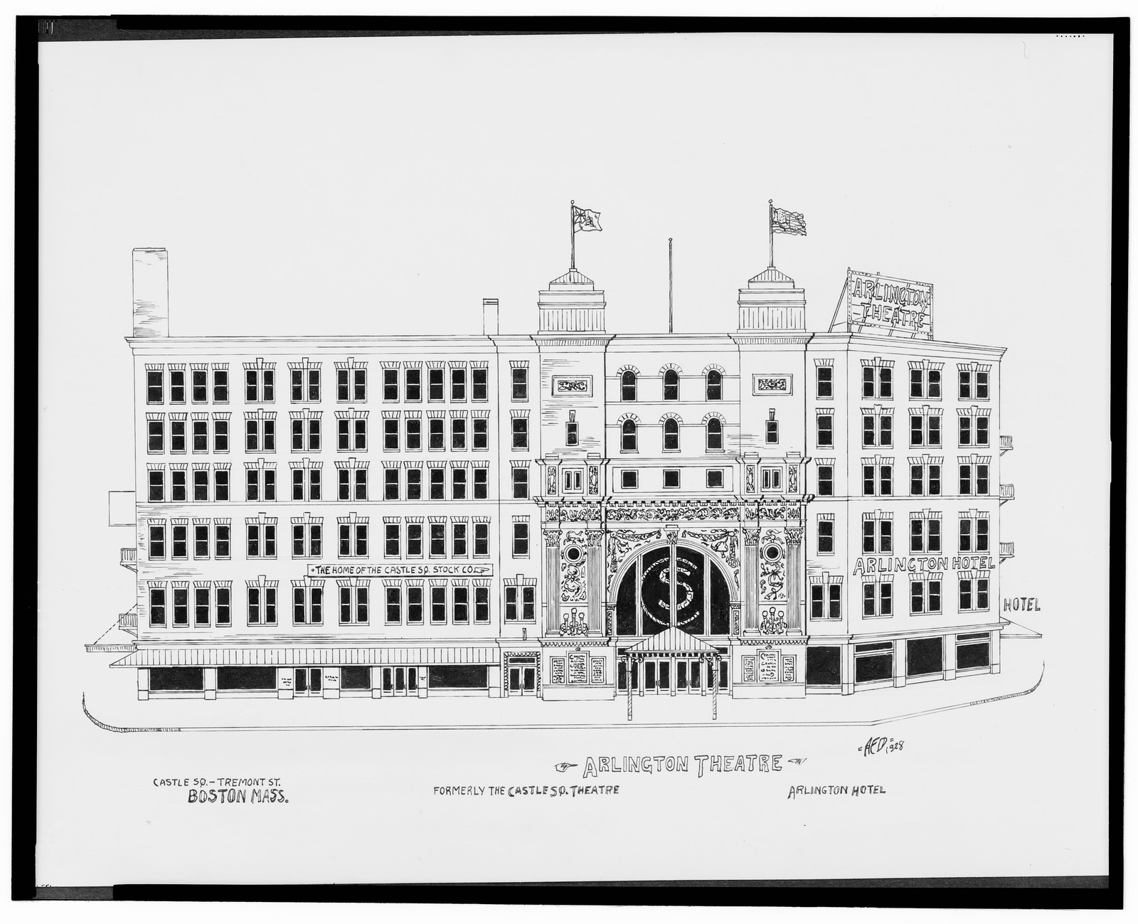 [Arlington Theatre (Castle Square Theatre) and Arlington Hotel, Castle Square, Tremont St., Boston, Massachusetts] / AFD 1928., And Engineering (ADE) Drawings — vintage poster