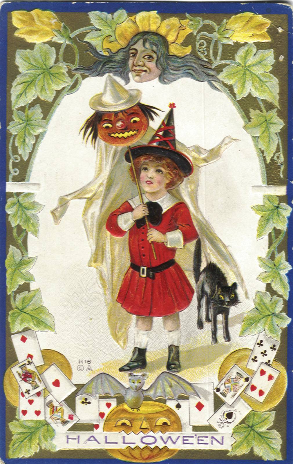 Halloween postcard with child, ghost and jack-o'-lantern — vintage postcard