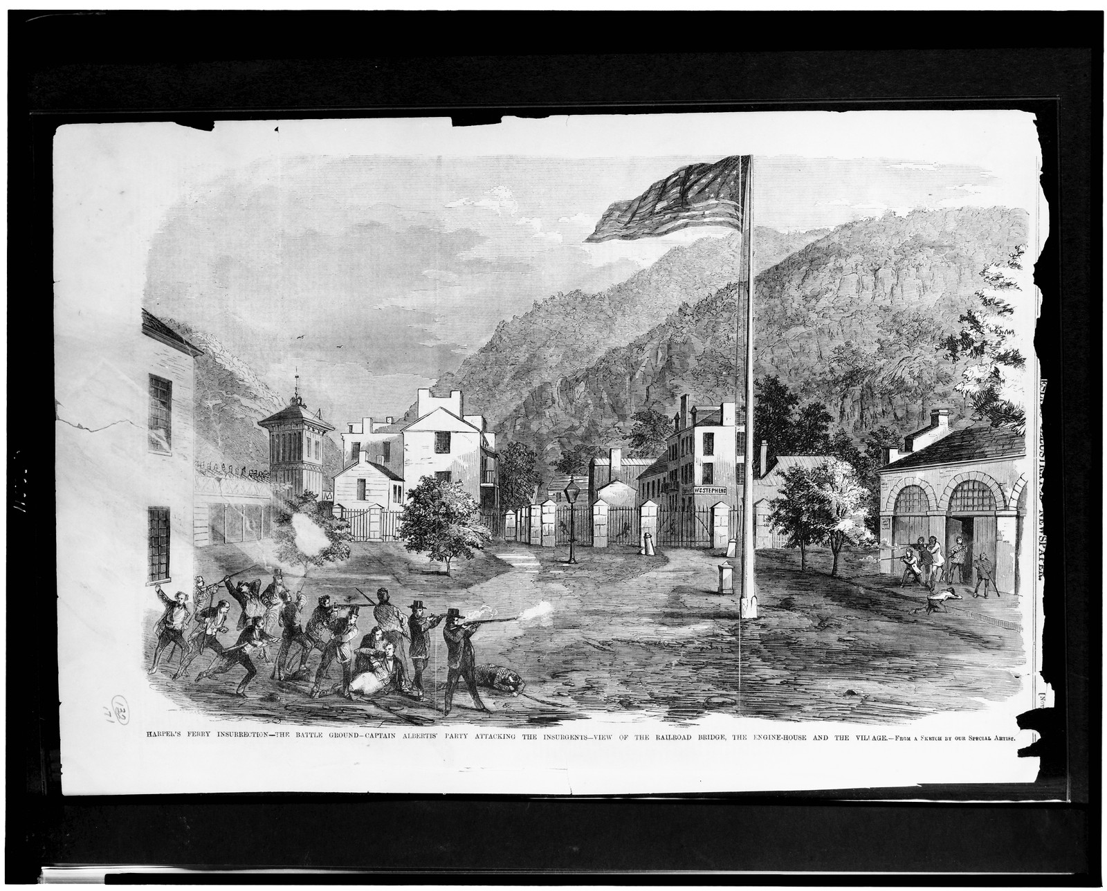 Harper's Ferry insurrection - the battle ground - Captain Alberts' party attacking the insurgents - view of the railroad bridge, the engine-house, and the village / from a sketch by our special artist., 1859 Nov. 5. — antique engraving