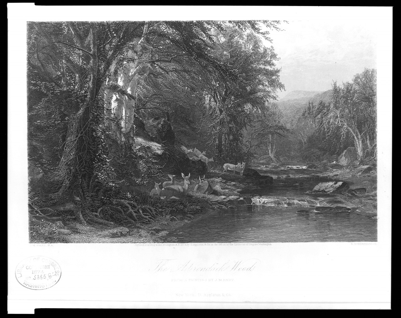 The Adirondack Woods / J.M. Hart N.A. ; R. Hinshelwood., c1874. — antique engraving