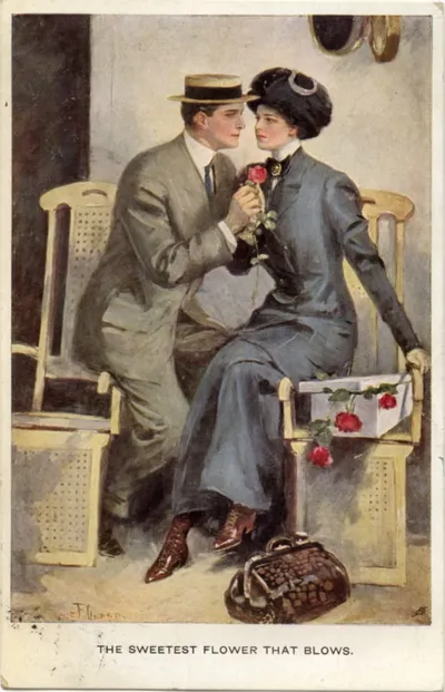 Couple with rose, postcard: The Sweetest Flower That Blows