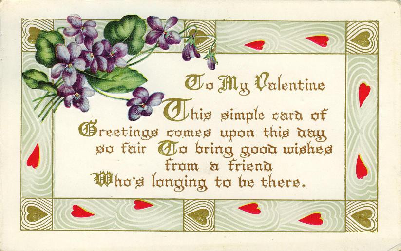 Valentine postcard with violets and verse "To My Valentine — vintage postcard