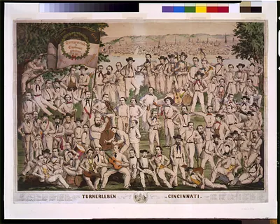 Turner leben in Cincinnati / gez. und lith. von F. Bertsch, c.o. Turnerhalle.