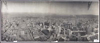 Panoramic aerial view of a city and bay