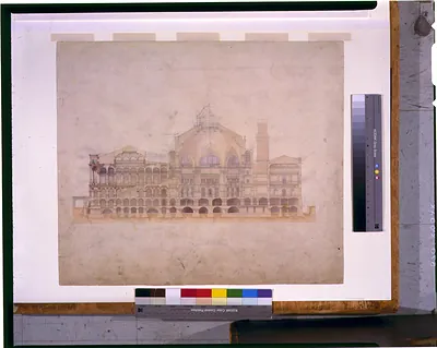 Architectural cross-section drawing of a large building with arcades