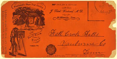 Orange Woodward's Photo Gallery envelope addressed to Fall Creek Falls, Tenn.