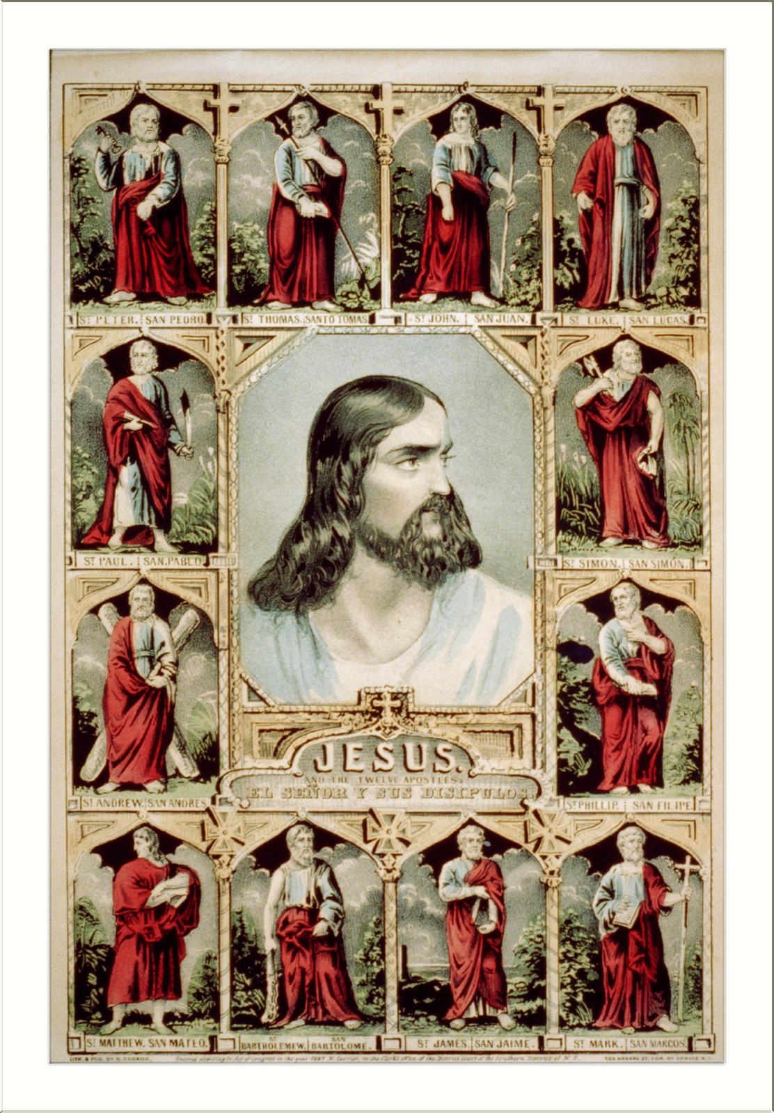 Jesus: and the twelve apostles / El Señor y sus disipulos, New York : Published by N. Currier, c1847. — antique lithograph