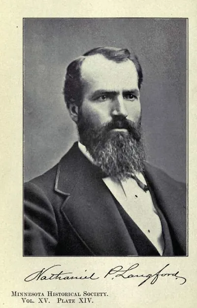 Portrait of Nathaniel P. Langford, bearded man in suit