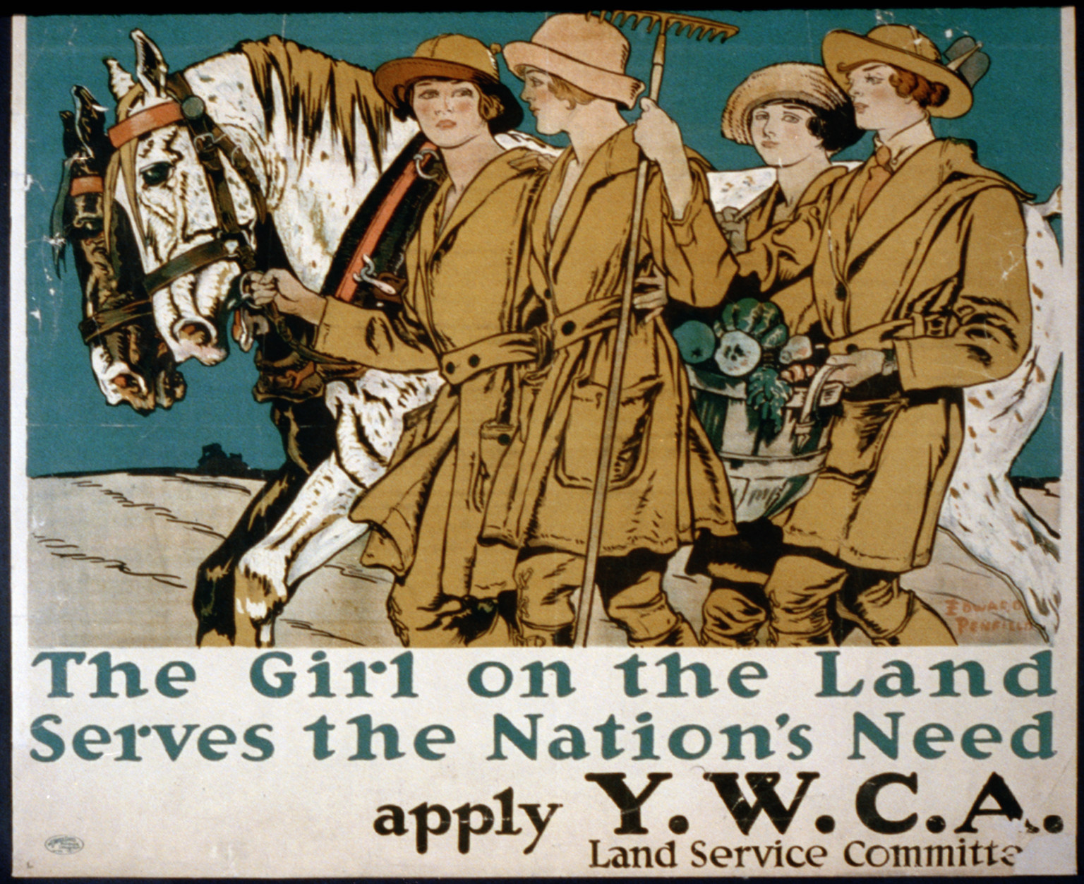 The girl on the land serves the nations need Apply Y.W.C.A. Land Service Committee / Edward Penfield., 1918 — vintage poster