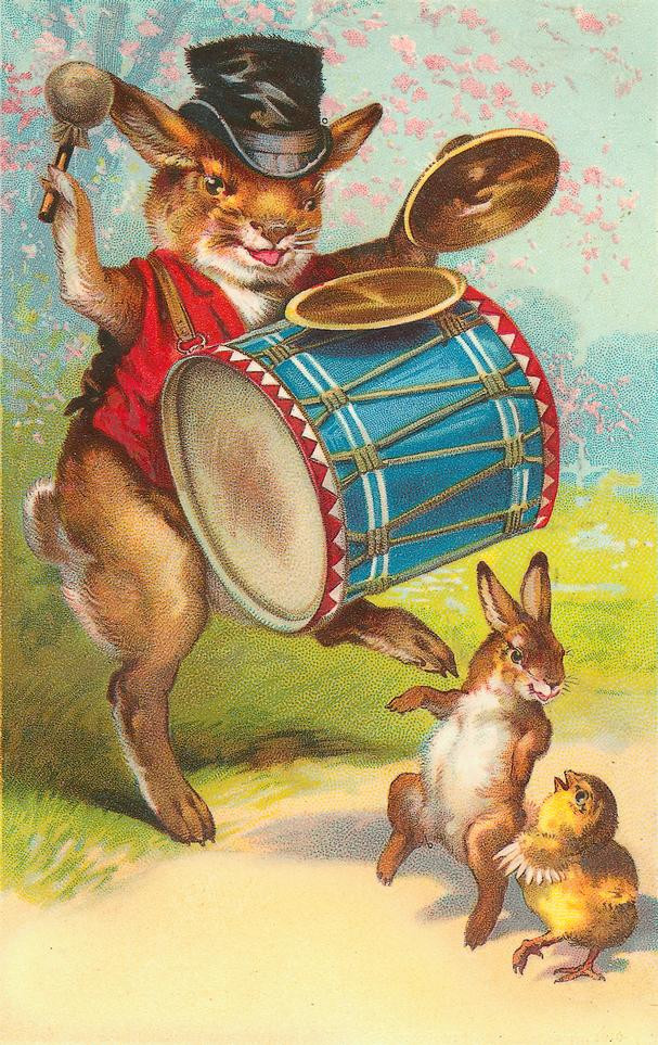 Rabbit drummer and chick, Easter greeting card — historic image