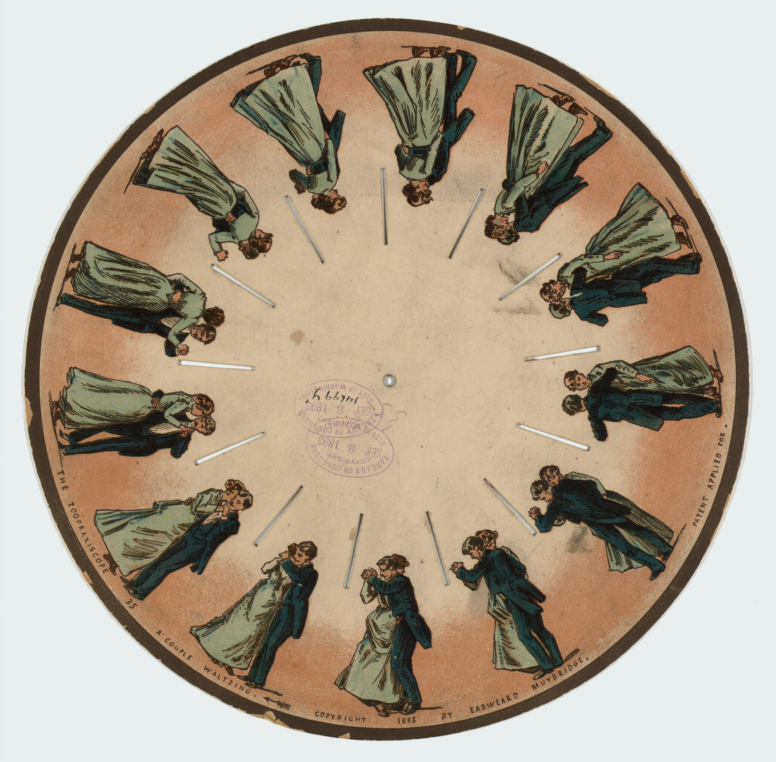 The zoopraxiscope - a couple waltzing, c1893. — antique lithograph