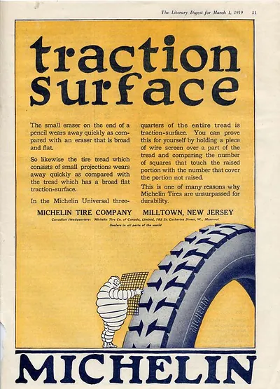 Michelin traction surface tire advertisement, Literary Digest 1919
