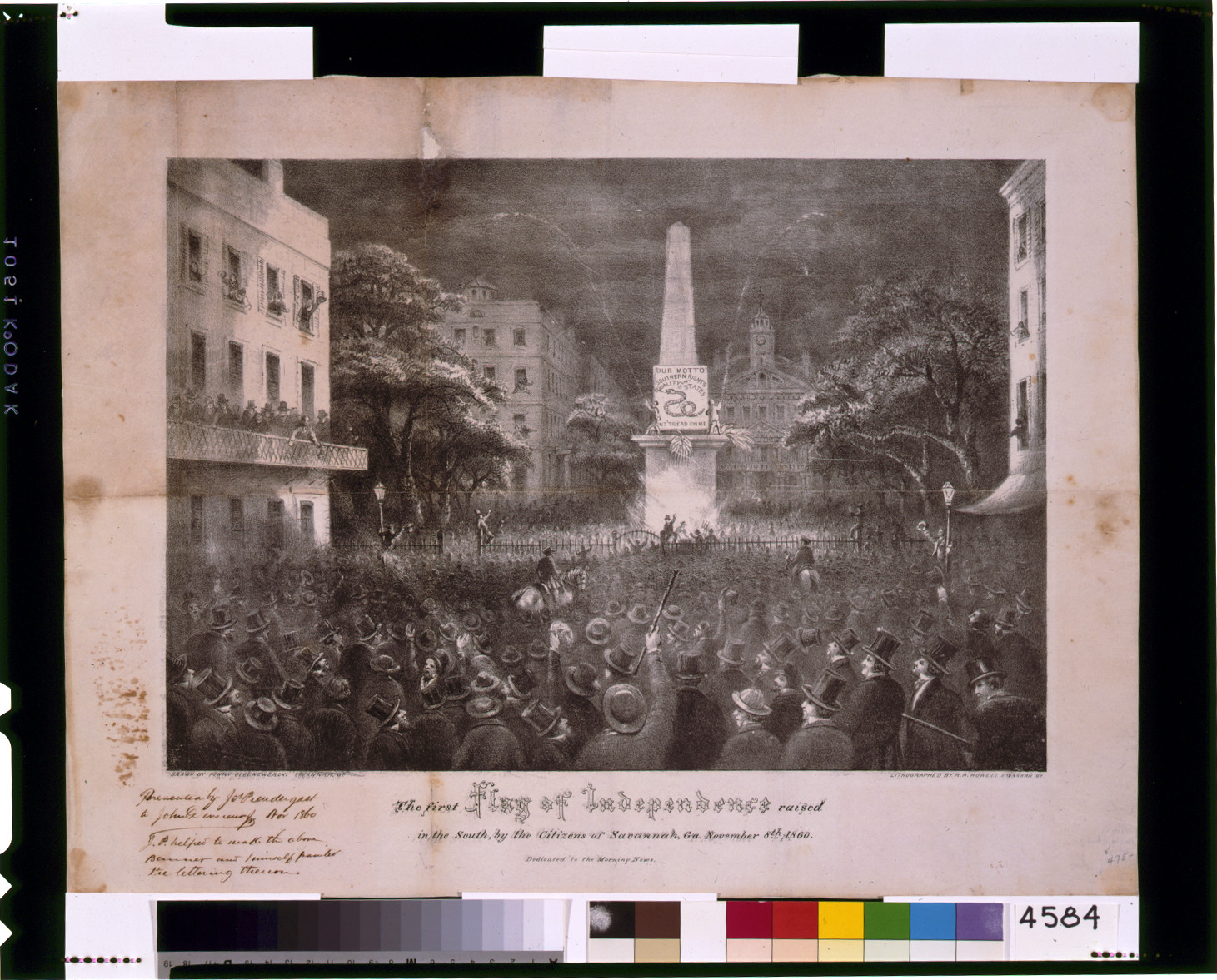 The first flag of independence raised in the South, by the citizens of Savannah, Ga. November 8th, 1860 / drawn by Henry Cleenewerck, Savannah, Ga. ; lithographed by R.H. Howell, Savannah, Ga., [S.l. : s.n., 1860] — antique lithograph