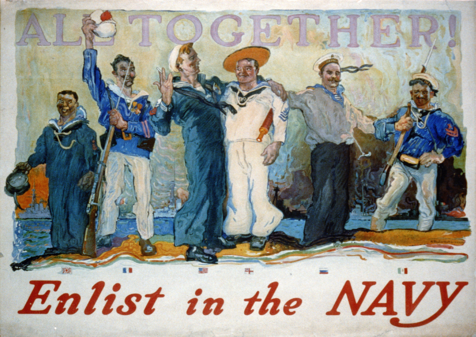 All together! Enlist in the Navy, 1917 — vintage poster
