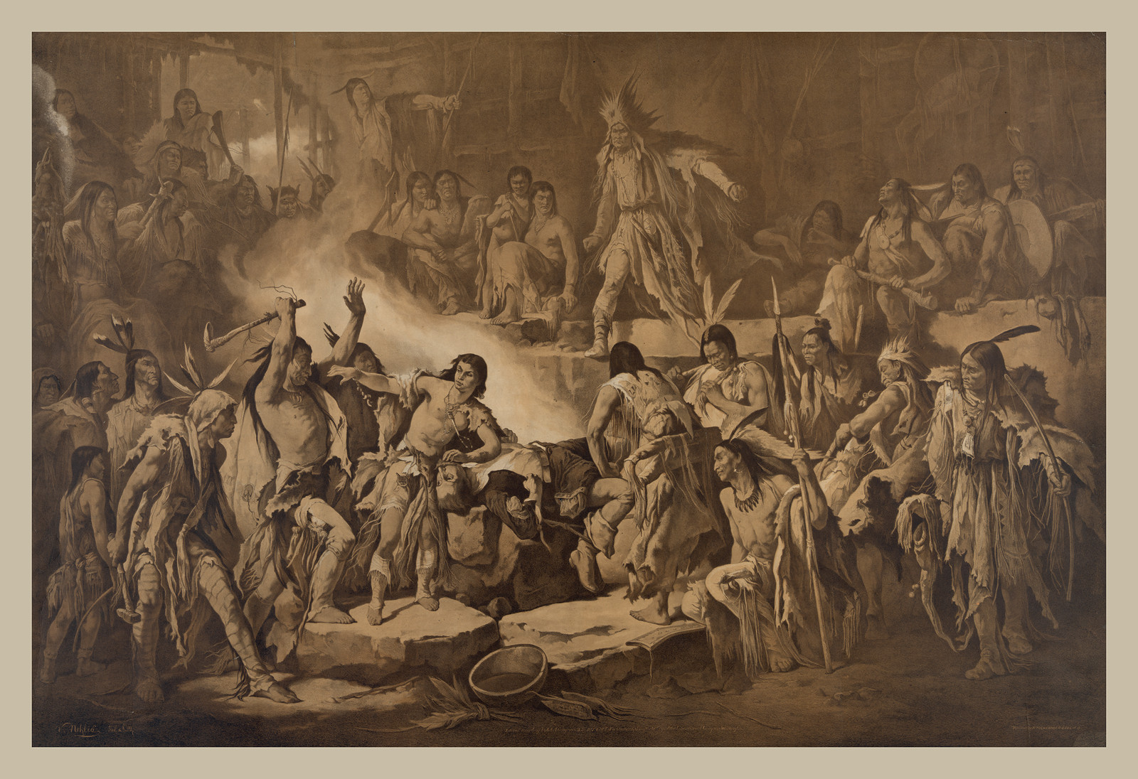 Sepia print of Native American figures around a fire — historic print