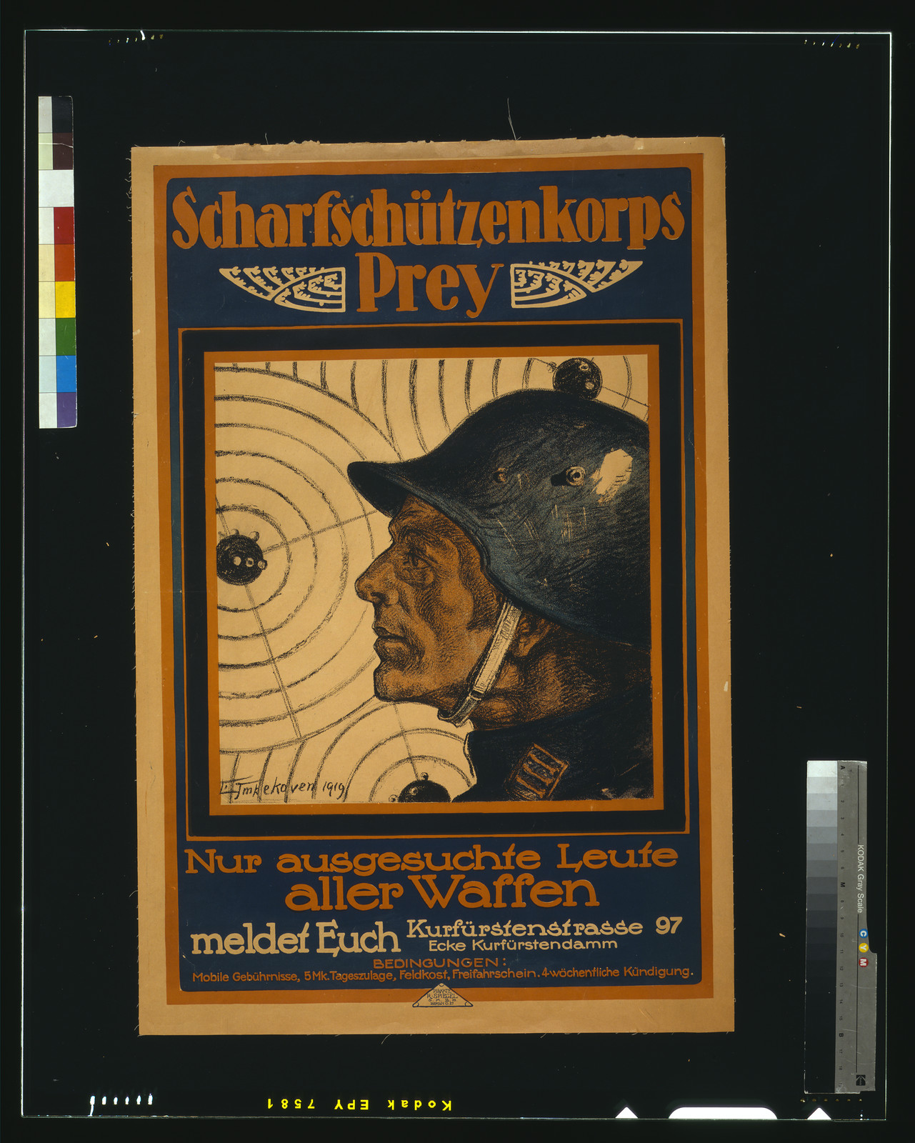 Scharfschuumltzenkorps Prey. Nur ausgeschuchte Leute aller Waffen meldet Euch / L. Impekoven 1919., 1919 — vintage poster