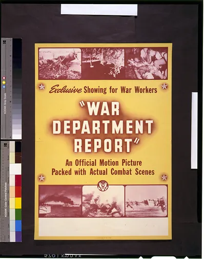 War Department Report An official motion picture packed with actual combat scenes--Exclusive showing for war workers.