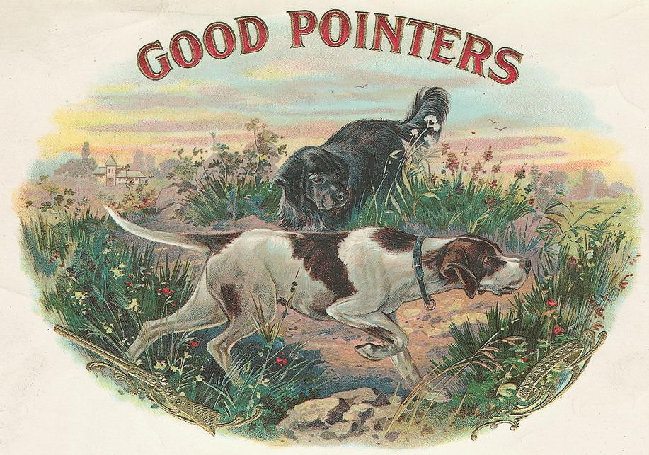 Good Pointers cigar label with two pointer dogs — historic image