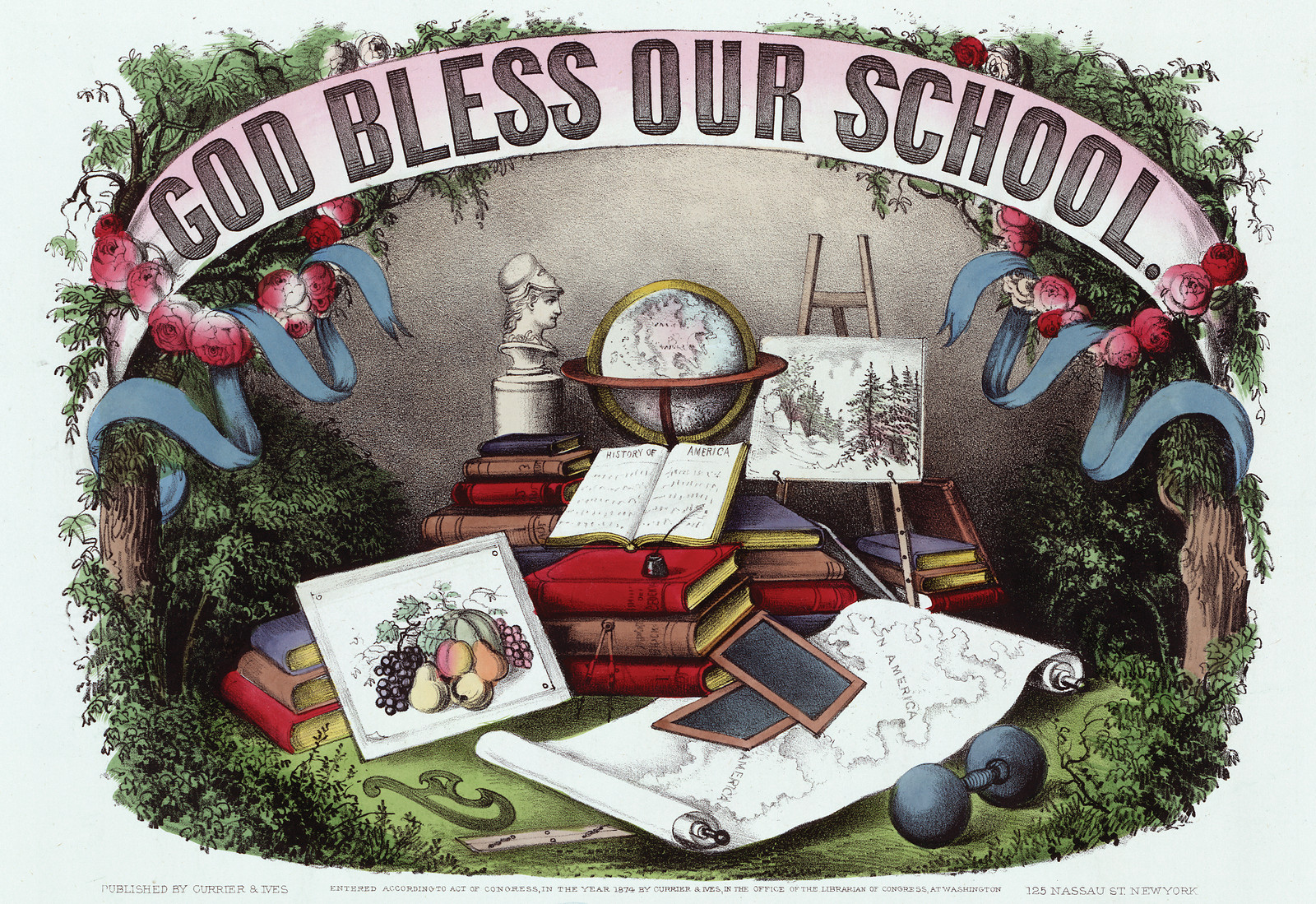 God Bless Our School, c. 1874 — antique lithograph