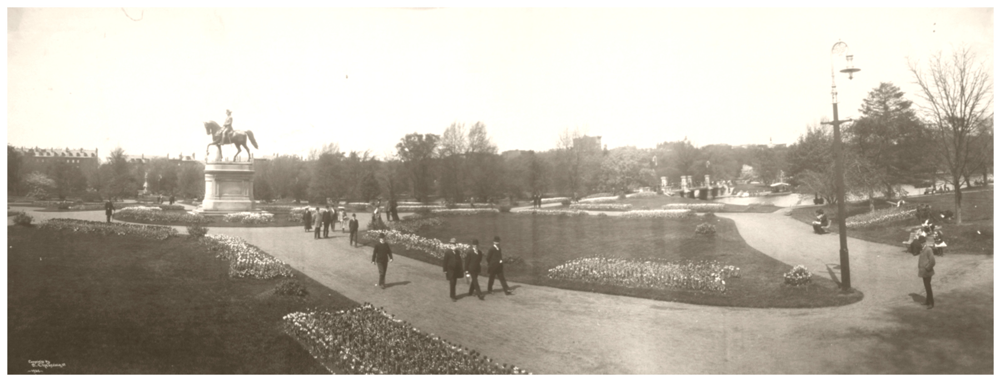 Public Garden with equestrian statue and flower beds, 1904 — historic image