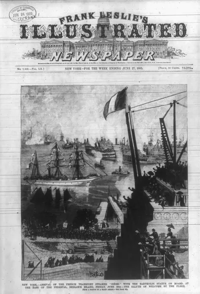 New York - arrival of the French transport steamer Isere with the Bartholdi statue on board, at the base of the pedestal, Bedloe's Island, Friday, June 19th - the salute of welcome by the fleet