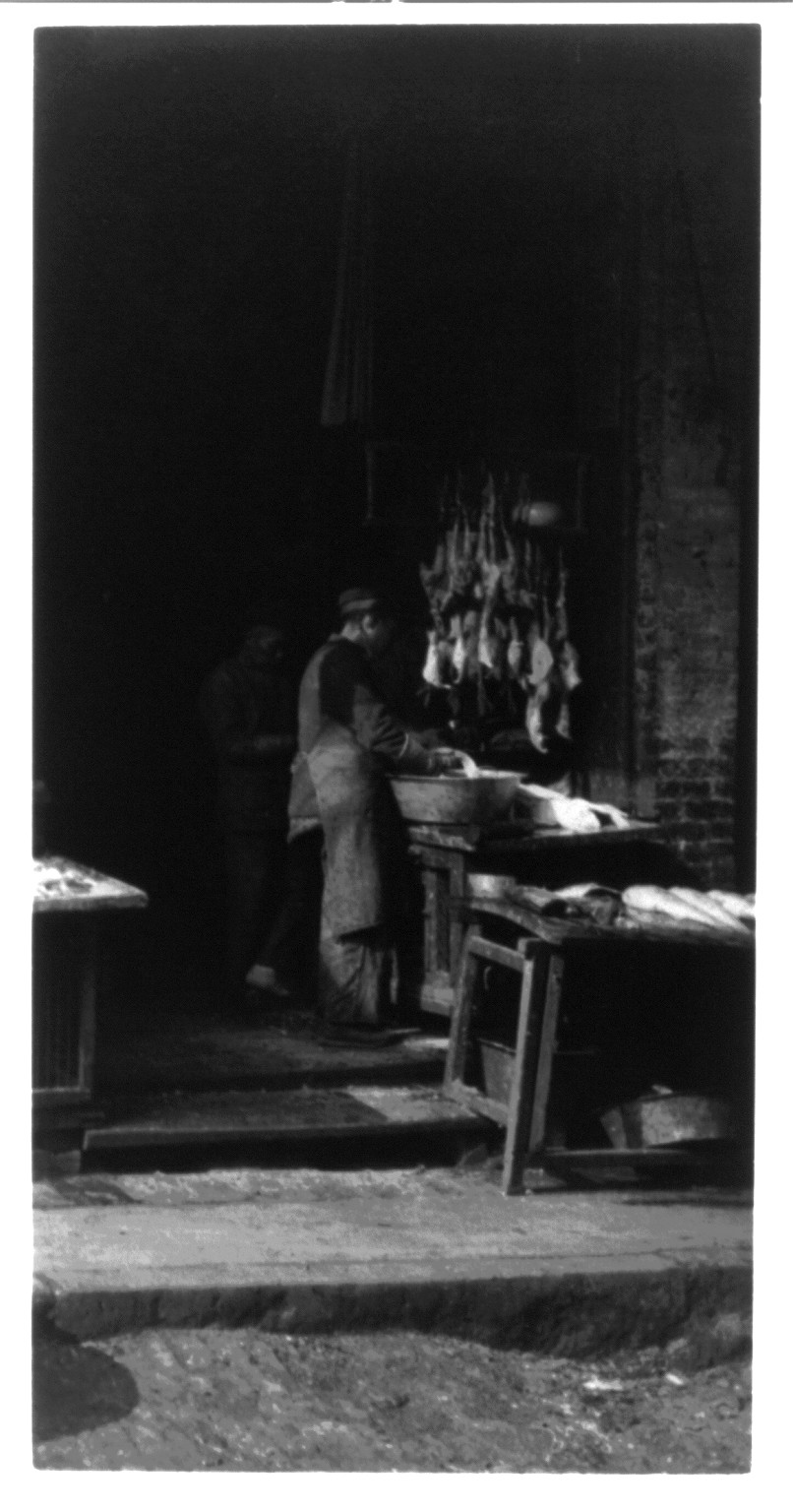 [Fish Alley, Chinatown, San Francisco, Calif. Two men cleaning fish and chickens], [ca. 1899] — historic photograph