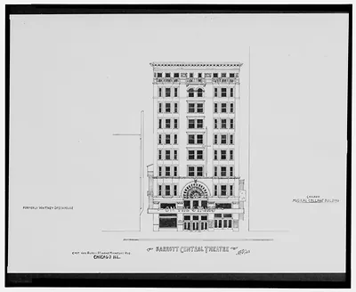 [Barrott Central Theatre (Whitney Opera House) and Chicago Musical College Building, E. Van Buren St. near Michigan Ave., Chicago, Illinois] / AFD 1928.