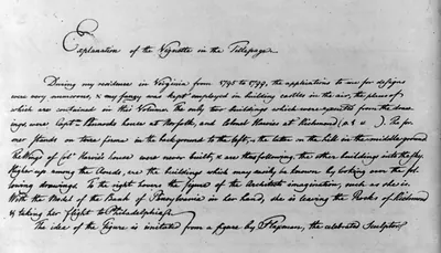 [Houses and a church (Buildings Erected or Proposed to be Built in Virginia"). Explanation of title page vignette]"
