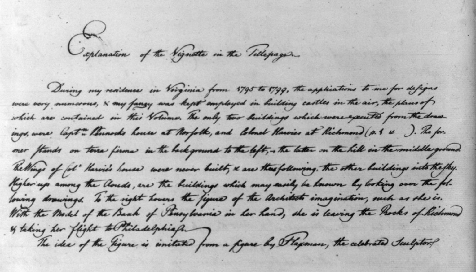 [Houses and a church (Buildings Erected or Proposed to be Built in Virginia"). Explanation of title page vignette]", [between 1795 and 1799] — historic drawing