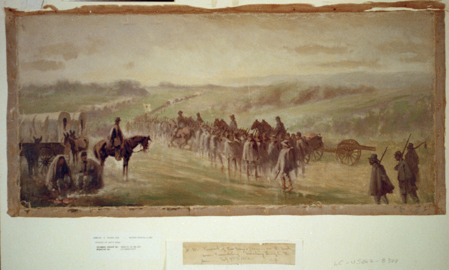 Pursuit of Lee's army. Scene on the road near Emmitsburg - marching through the rain / Edwin Forbes., 1862 [i.e., 1863] July 7. — historic image