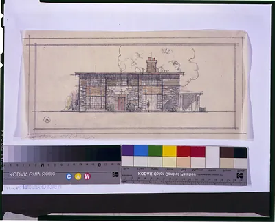 Pencil elevation drawing of a stone house with chimney