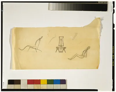 [Design study for lounge chair, with sketches of various views]