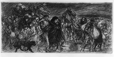 [Procession of refugees; horse-drawn cart in bg.