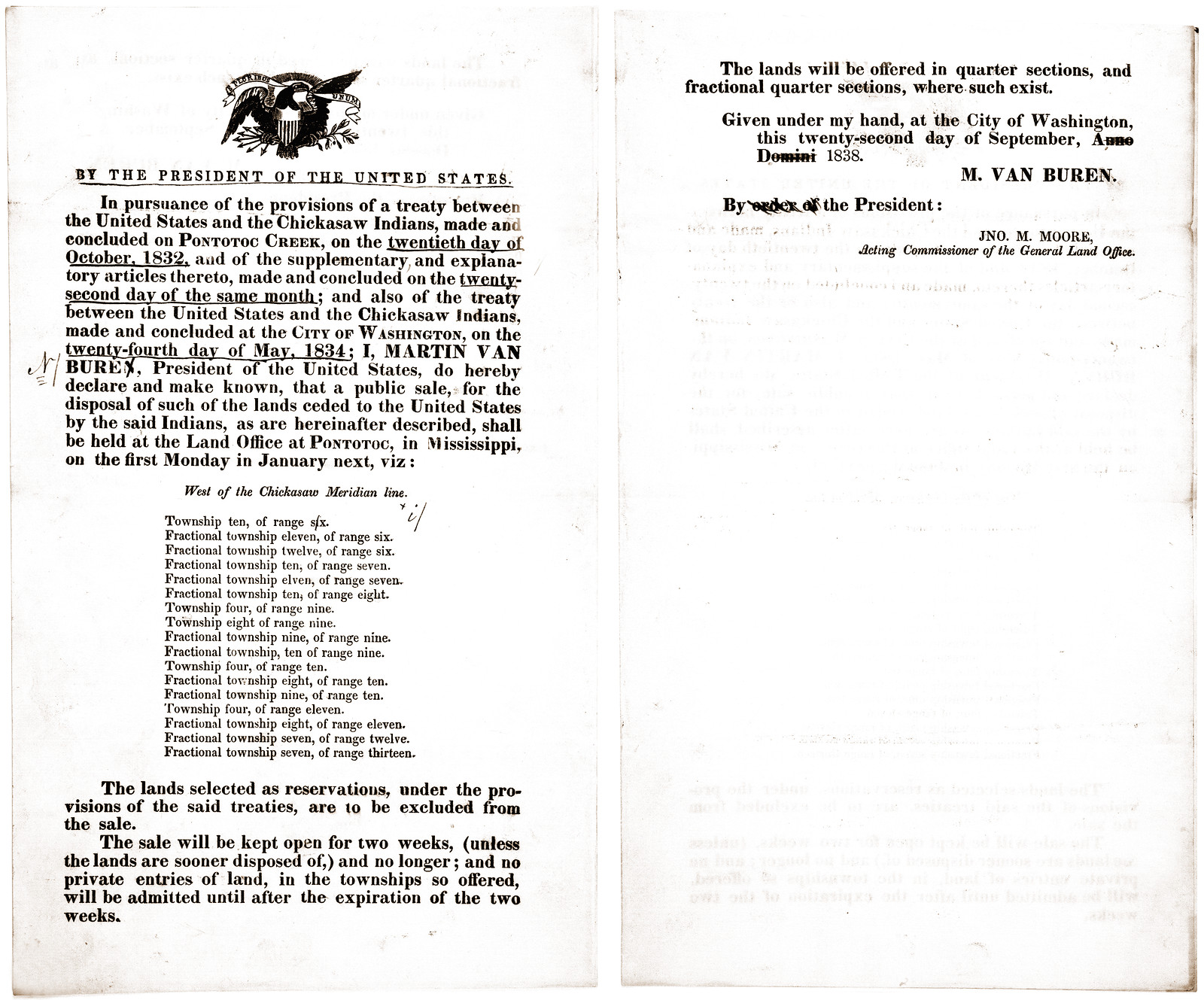 Proclamation of Chickasaw land sale signed by Martin Van Buren — historic image