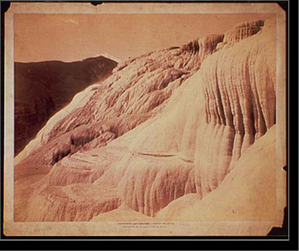 Mammoth Hot Springs, top of pulpits, c1892. — historic photograph