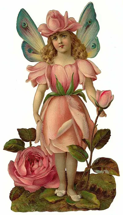 Vintage die-cut fairy in rose-petal dress with wings