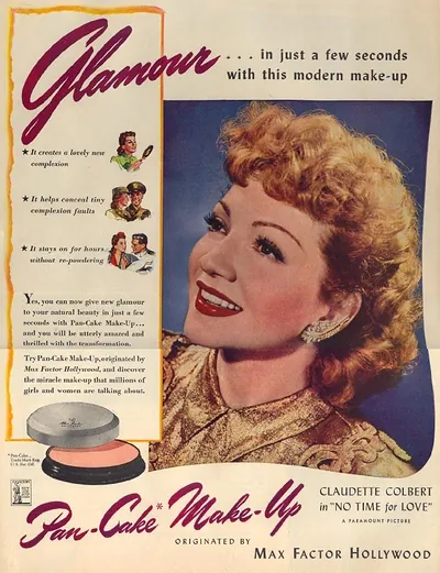 Pan-Cake Make-Up advertisement with Claudette Colbert, Max Factor Hollywood