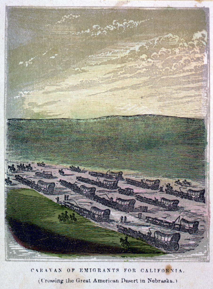 Caravan of emigrants for California (Crossing the great American desert in Nebraska), [between 1850? and 1900?] — antique engraving
