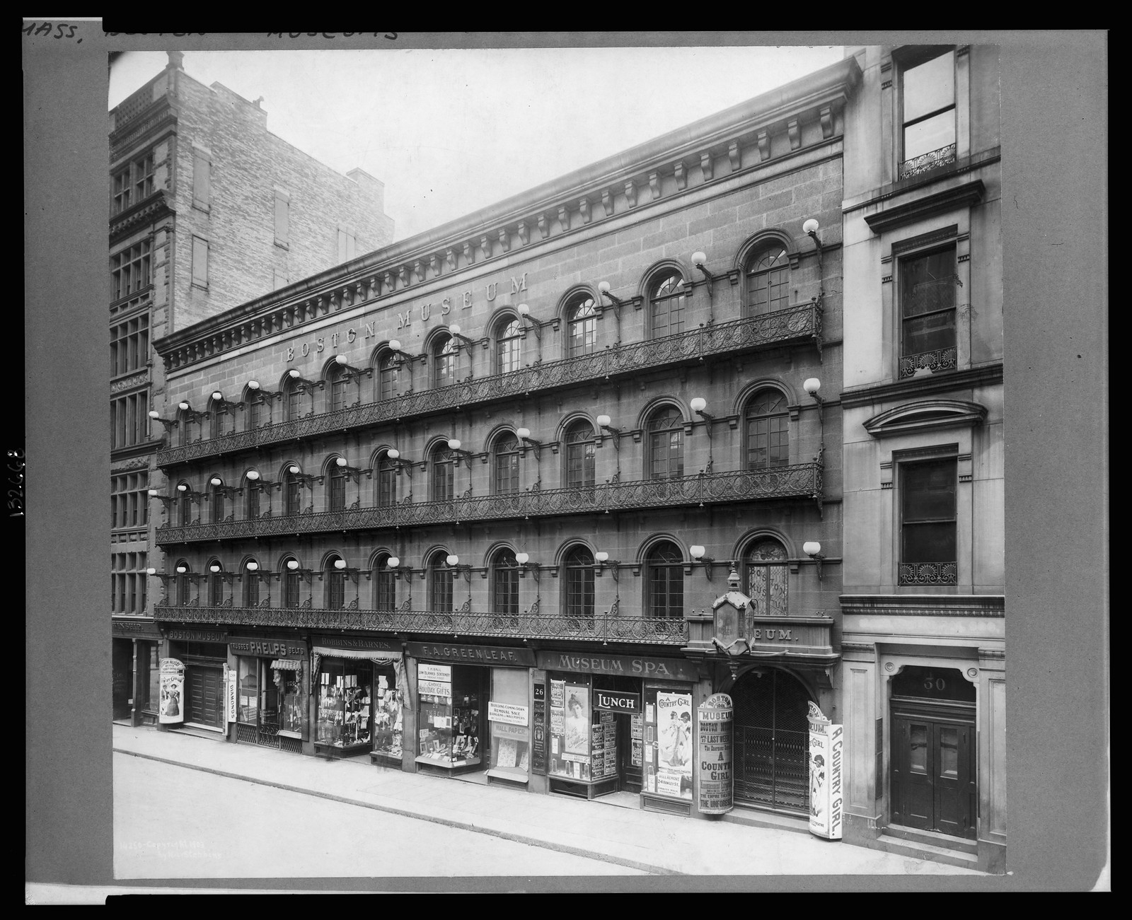 [Exterior view of the Boston Museum with shops on the street level, Boston, Massachusetts], c1903 [May 7th] — historic photograph