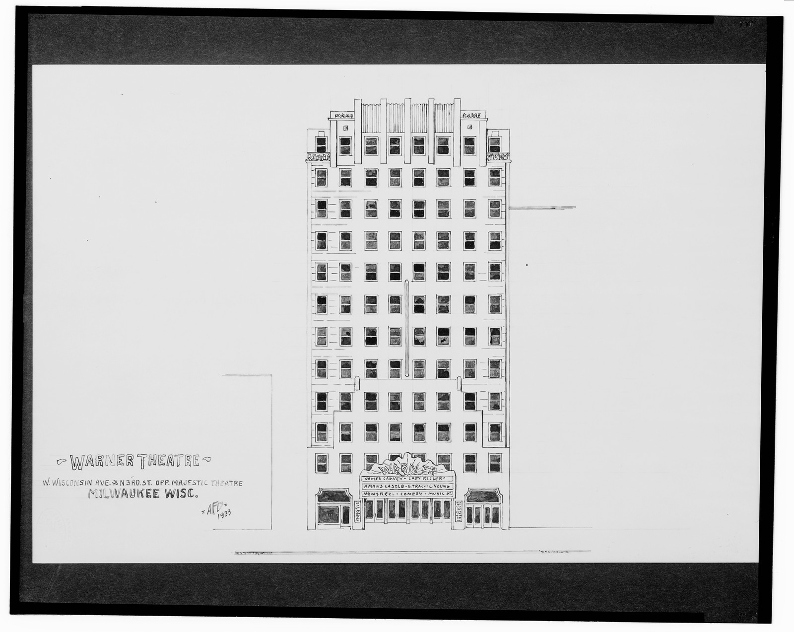 [Warner Theatre, West Wisconsin Ave. and North 3rd St., opposite Majestic Theatre, Milwaukee, Wisconsin] / AFD 1933., And Engineering (ADE) Drawings — vintage poster