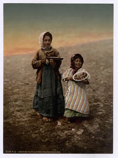 Young peasant girls of Jerusalem holding plates