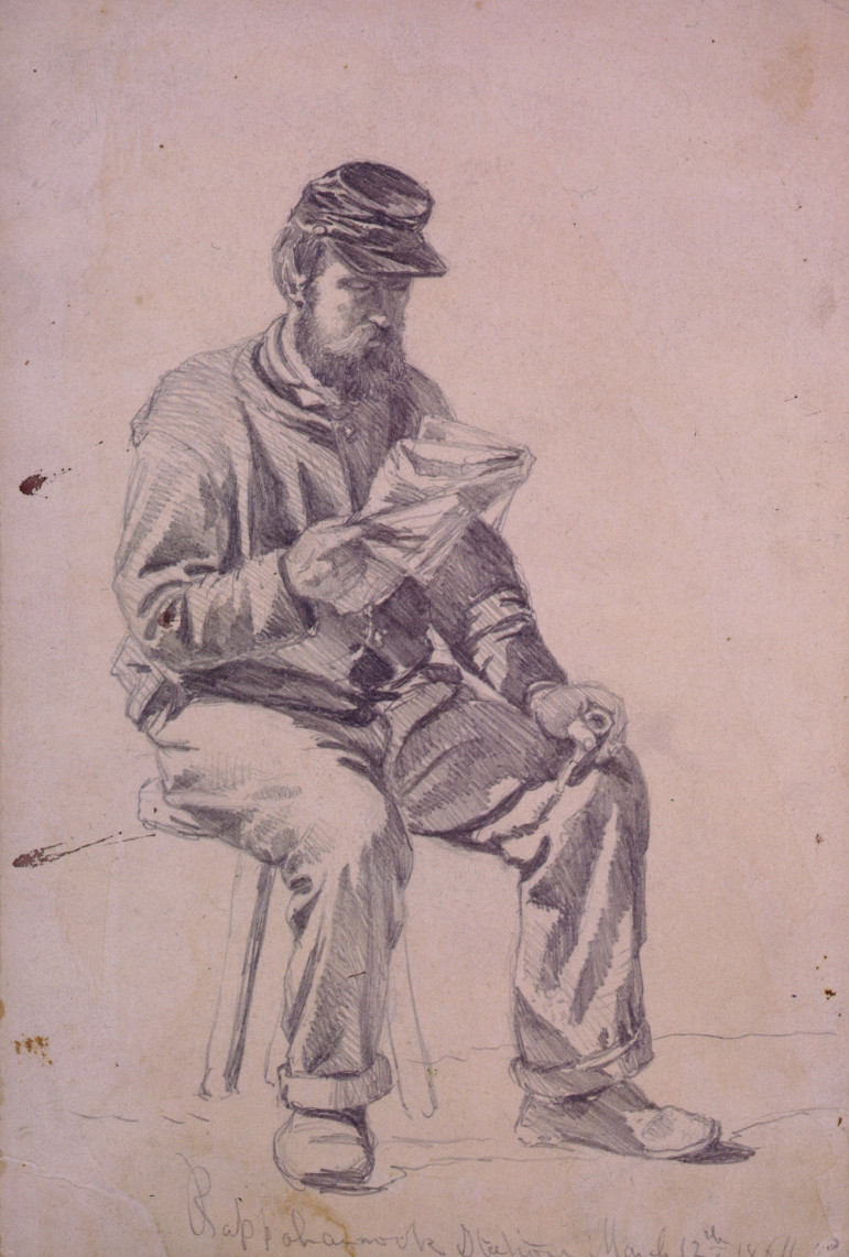 Reading the News - Off Duty, March 12, 1864 — historic drawing