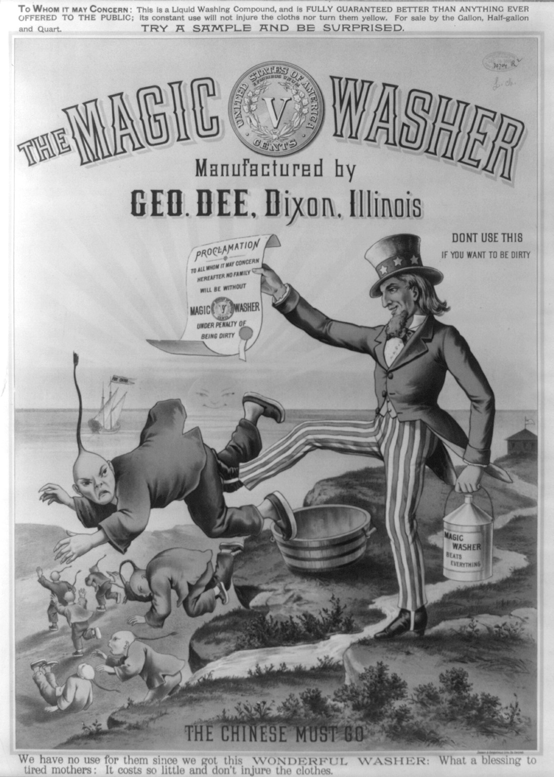 The magic washer, manufactured by Geo. Dee, Dixon, Illinois. The Chinese must go, Chicago : Shober & Carqueville Lith Co., c1886. — antique lithograph